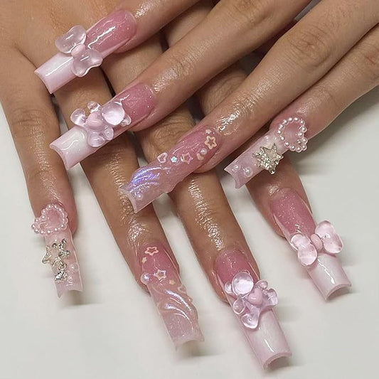 Long Press on Nails French Tip Coffin Fake Nails with Rhinestones Star Designs 3D Cute Bears False Nails Sequins Stick on Nails Glossy Glue on Nails for Women and Girls