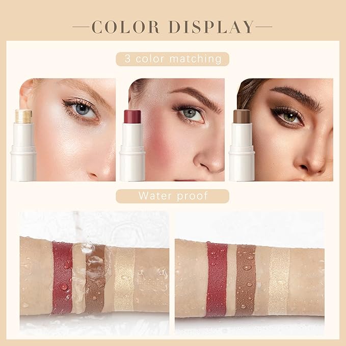 3 Colors Highlilghter Contour Blush Sticks Creamy Sticks for Cheeks, Eyes Cosmetics Stick Set, 3 in 1 Long Lasting Waterproof Moisturizer Makeup Sticks for All Skin-VivaGrace Women