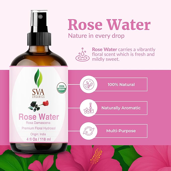SVA ORGANICS Rose Water 4oz (118 ml) Refreshing Rose Water Spray for Skin Care, Skin Hydration, Bath, Soaps, Haircare & Aromatherapy-VivaGrace Women