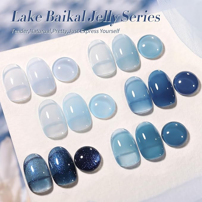 BORN PRETTY Jelly Blue Gel Nail Polish Set 6 Colors Translucent Light Blue Baby Blue Royal Blue Reflective Glitter Blue Nail Gel Kit Soak Off Nail Art Manicure Design Home Salon Holiday Gift-VivaGrace Women