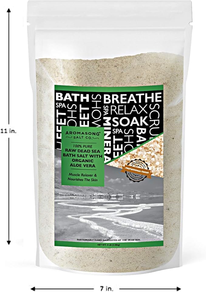 Aromasong 5 lbs Raw Dead Sea Salt with Organic Aloe Vera, not Cleaned, Still Contains All Dead sea Minerals Including Dead sea Mud, Fine Medium Grain Large resealable Bulk Pack (Packaging May Vary)-VivaGrace Women