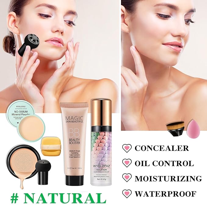 Mushroom Head Air Cushion CC Cream + BB Cream + Tri-color Color Corrector Isolation Cream Foundation Set Moisturizing Full Coverage Foundation Concealer Lasting Foundation Makeup Base Primer（7 Pcs）-VivaGrace Women