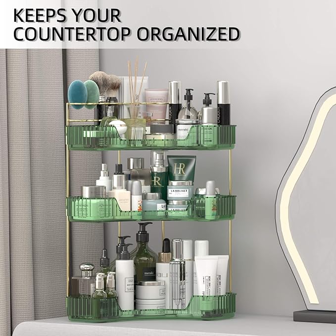 3 Tier Corner Bathroom Organizer Countertop, Vanity Makeup Organizer with Brush Holder, Space-Saving Skincare Storage Corner Shelf for Bathroom, Dressing Table, Kitchen-VivaGrace Women