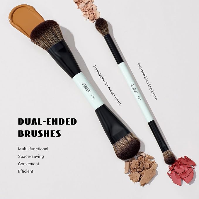 Jessup Makeup Brushes 2pcs Double Sided Foundation Brush Contour Brush Dual Ended Eye Blending Brush, Multi-functional Cosmetic Brush Bright Cyan T502-VivaGrace Women