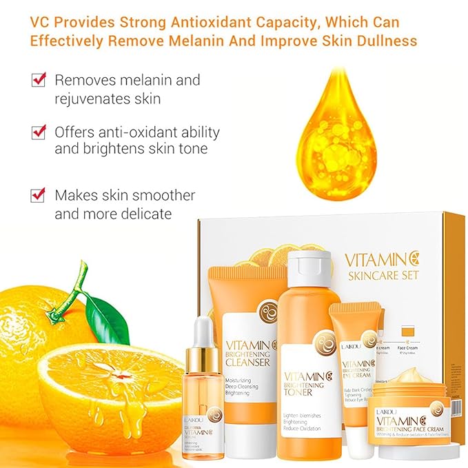 Vitamin C 5-Piece Skincare Set with Cleanser, Toner, Serum, Eye Cream and Face Cream for Skin Brightening skin care set skincare gift set skin care set for Unisex Adult-VivaGrace Women