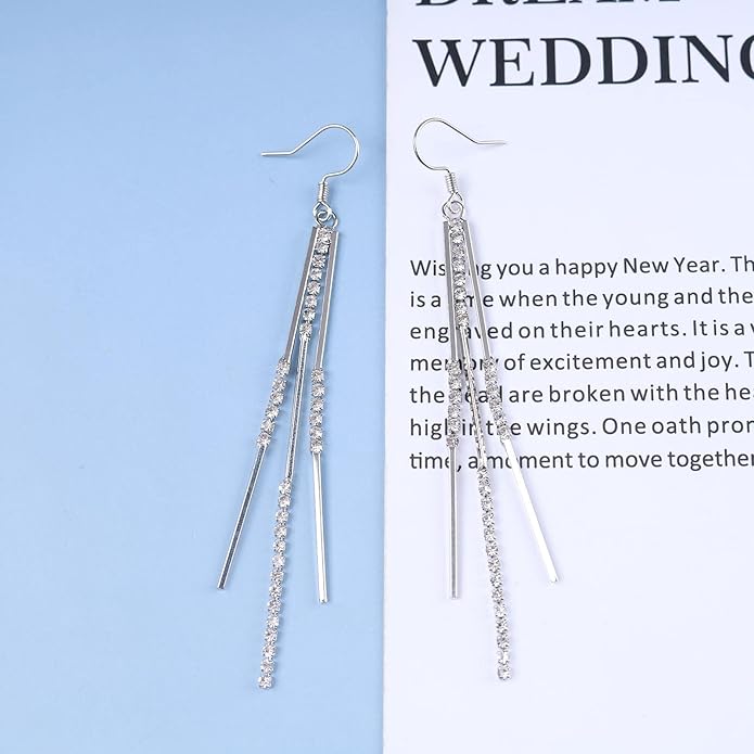 Vintage Crystal Tassel Earrings Rhinestone Bar Drop Earrings Long Rhinestone Chain Earrings Gold Cz Bar Hook Earrings Sparkle Tennis Chain Earrings Jewelry for Women-VivaGrace Women