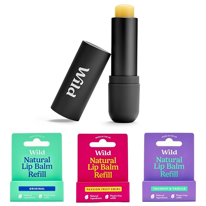 Wild Refillable Lip Balm Starter Kit - Includes Black Aluminum Case & 3 Pack Lip Balm Refills in a Variety of Scents - Includes Passionfruit Swirl, Original and Coconut & Vanilla Scents-VivaGrace Women