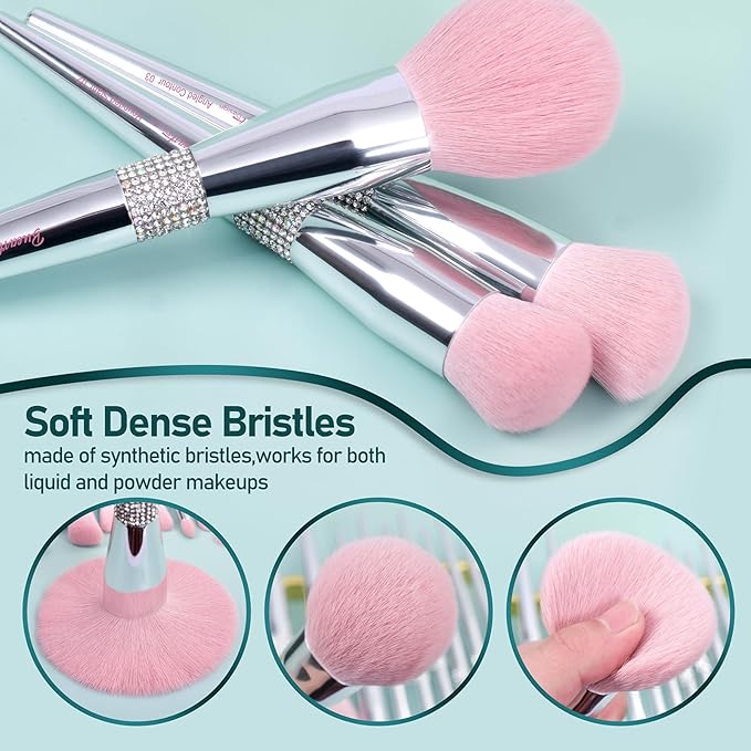 Bueart Design Elegant pink Ultra soft labeled Makeup Brushes Sets with Brush Holder makeup brush set with Foundation Powder blush blending contour Brush (15Pcs Silver Pink+Holder)-VivaGrace Women