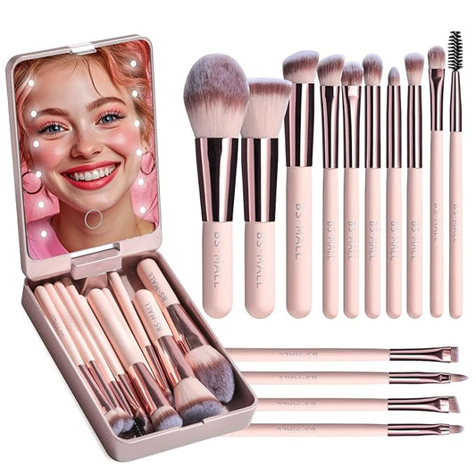 BS-MALL Makeup Brushes Foundation Powder Concealers Eye Shadows Makeup Set with LED light Mirror 14 Pcs Mini Makeup Brushes (APINK)-VivaGrace Women