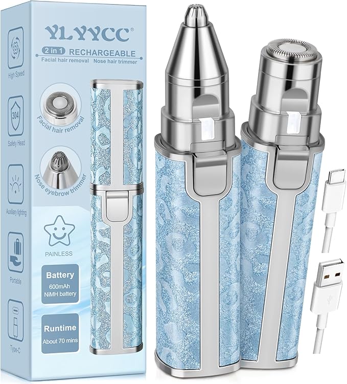 Facial Hair Remover for Face Lip, Electric 2 in 1 Face Shaver and Eyebrow Trimmer, Rechargeable Blue Nose Hair Trimmer for Women with Built-in LED Light-VivaGrace Women