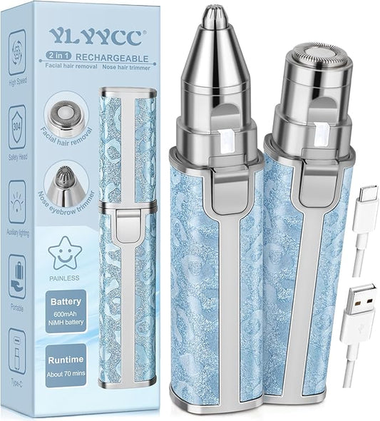 Facial Hair Remover for Face Lip, Electric 2 in 1 Face Shaver and Eyebrow Trimmer, Rechargeable Blue Nose Hair Trimmer for Women with Built-in LED Light-VivaGrace Women