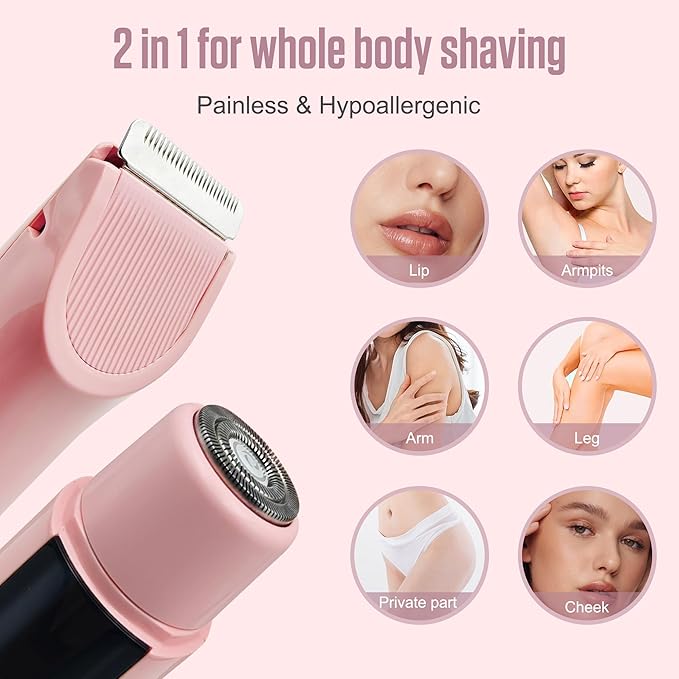 2 in 1 Bikini Trimmer for Women Dual Head Electric Shaver with LED Display,IPX7 Waterproof Wet & Dry, Painless Shaver for Underarm Leg Arm Body Face Private Area Pink-VivaGrace Women