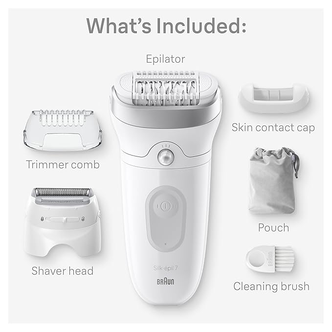 Braun Epilator Silk-épil 7, Hair Removal Device, Women Shaver & Trimmer, Wet and Dry, Wide Head, Includes Shaver Head and Trimmer Comb, SE7-041, Silver-VivaGrace Women