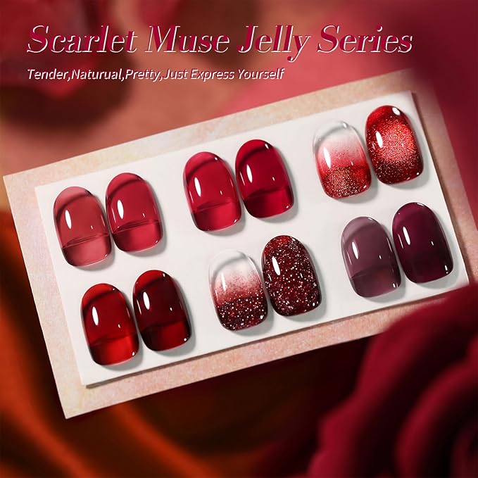 Born Pretty Jelly Burgundy Gel Nail Polish Ruby Red Glitter Cat Magnetic Eye Gel Nail Polish Fall Winter Blood Cherry Wine Red Gel Polish Glitter Soak Off Nail Art Salon Manicure Home Gift 7ml 6pcs-VivaGrace Women