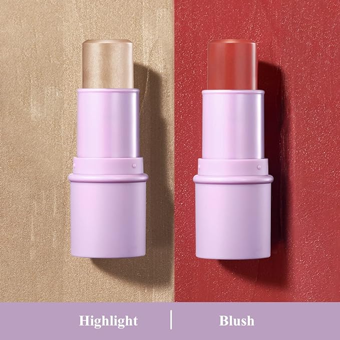 2Pcs Cream Blush Highlighter Makeup Stick Makeup Set for Girls and Women #T Cherry Blush-VivaGrace Women