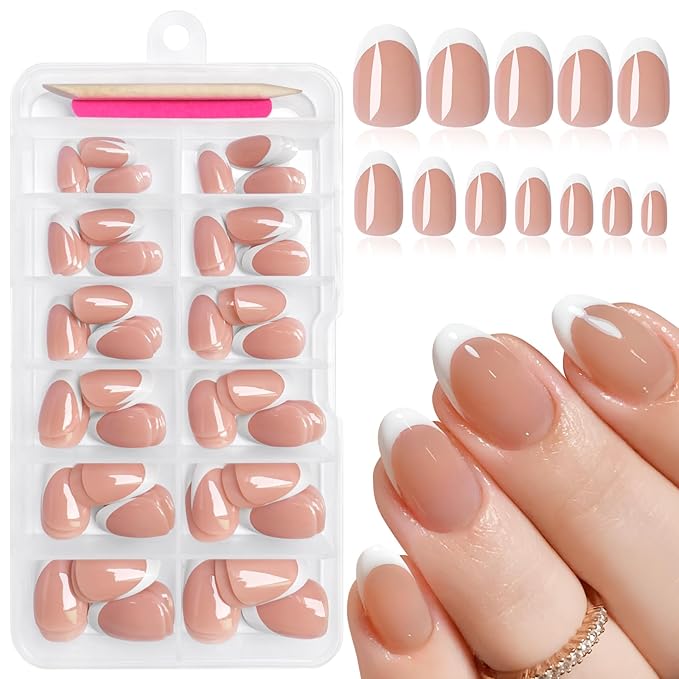 AddFavor French Tip Press on Nails Short Oval Fake Nails, 120pcs Brown French Tips Nails Press on Almond Nude False Acrylic Nails for Women and Girls