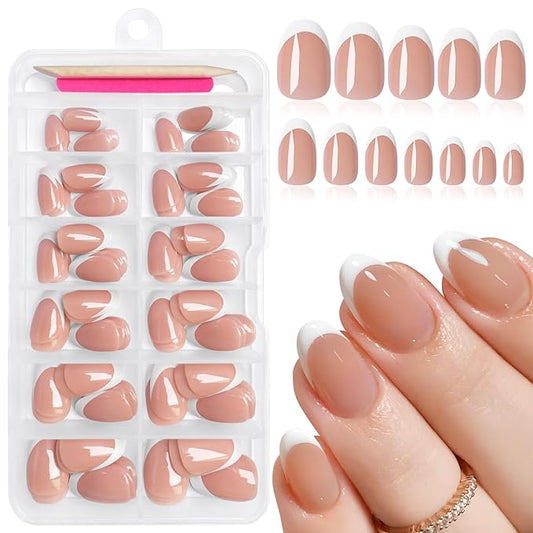 AddFavor French Tip Press on Nails Short Oval Fake Nails, 120pcs Brown French Tips Nails Press on Almond Nude False Acrylic Nails for Women and Girls