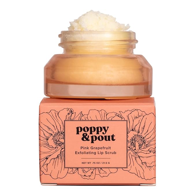 Poppy & Pout Natural Lip Scrub, Moisturizing Sugar Scrub for Dry Lips, Lip Scrubber Exfoliator with Essential Oils Smooths and Hydrates Lips, In Recyclable Glass Jars, Cruelty Free - Pink Grapefruit-VivaGrace Women