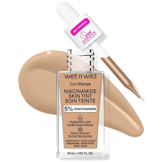 wet n wild Bare Focus Skin Tint, 5% Niacinamide Enriched, Buildable Sheer Lightweight Coverage, Natural Radiant Finish, Hyaluronic & Vitamin Hydration Boost, Cruelty-Free & Vegan - Amber Beige-VivaGrace Women