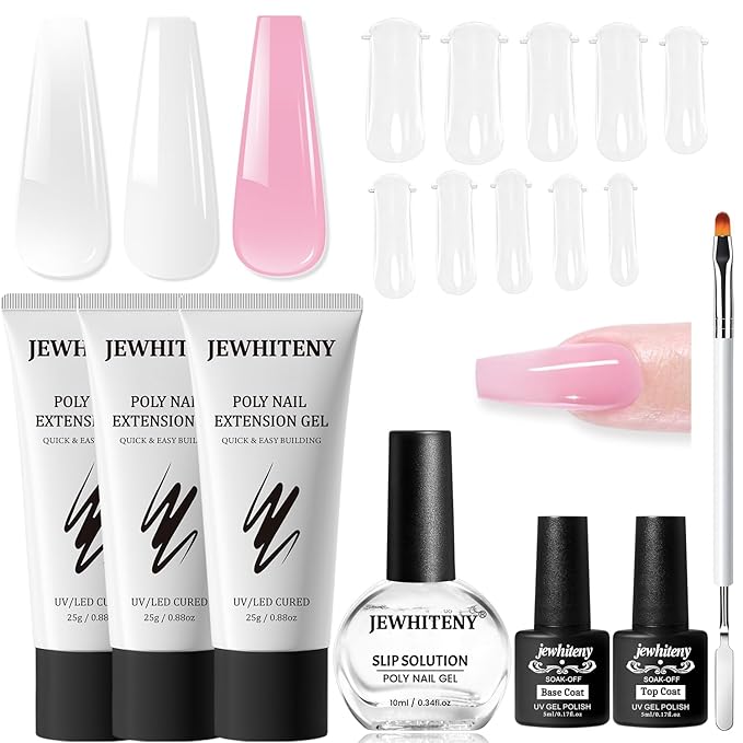 JEWHITENY Poly Extension Gel Nail Set Clear White Pink Poly Nail Gel With Base Coat Top Coat for Finger Art and Home DIY French Manicure Need U V Lamp Curing-VivaGrace Women