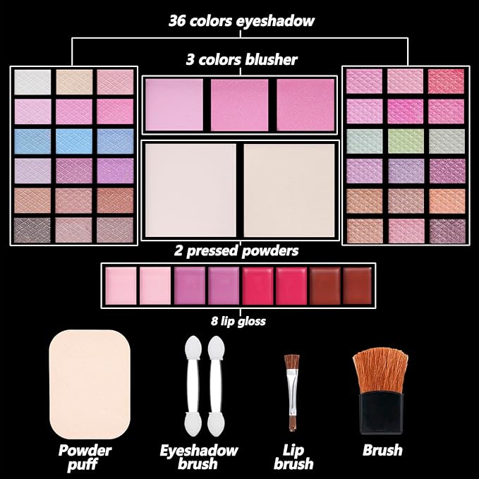 Makeup Kit Eyeshadow Palette for Women Full Gift Kit Girl Kids 49 Colors Makeup Set Combination Eyeshadow Palette with 12pcs Makeup Brushes-VivaGrace Women
