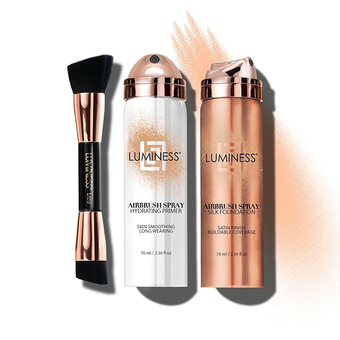 LUMINESS Airbrush Spray Silk Foundation Starter Kit - Fair - Foundation, Primer & Dual-Sided Angled Buffing Brush - Medium, Buildable Coverage, Anti-Aging Formula Hydrates & Moisturizes-VivaGrace Women