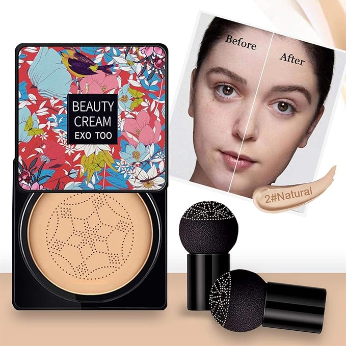 2PCS Mushroom Head Air Cushion CC Cream Foundation, Beauty Cream Exo Too BB Cream, Moisturizing, Long Lasting, Matte Concealer, Light Weight, WaterProof Liquid Foundation with 2PCS Mushroom Head-VivaGrace Women