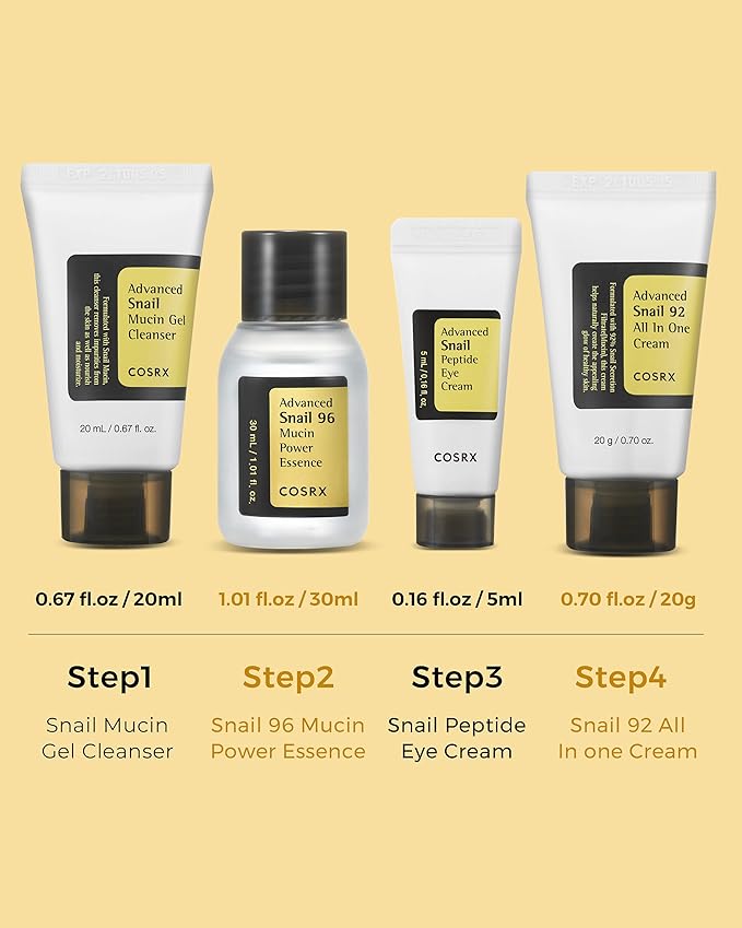 COSRX All About Snail Korean Skincare | TSA Approved Travel Size, Gift Set with Face Gel Cleanser, Essence, Cream & Eye-cream, Repairing, Recovering, Rejuvenating Kit with Snail Mucin, Korean Skincare-VivaGrace Women