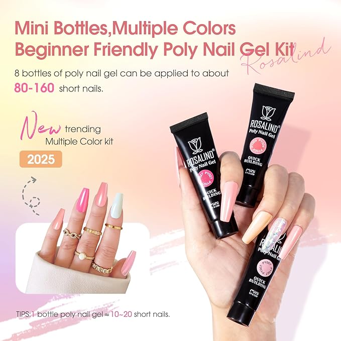 ROSALIND 8PCS Poly Nail Gel Kit with Mini Nail Lamp Clear Nude Purple Brown Poly Extension Gel Kit Mini Starter Kit-VivaGrace Women