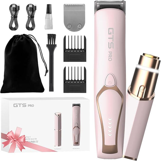 Bikini Trimmer for Women Electric Razor 2 Pack Dual Head Body & Facial Hair Remover -Waterproof USB Rechargeable with Replacement Ceramic Blades, Travel Pouch & Packaging Box(Pink)-VivaGrace Women