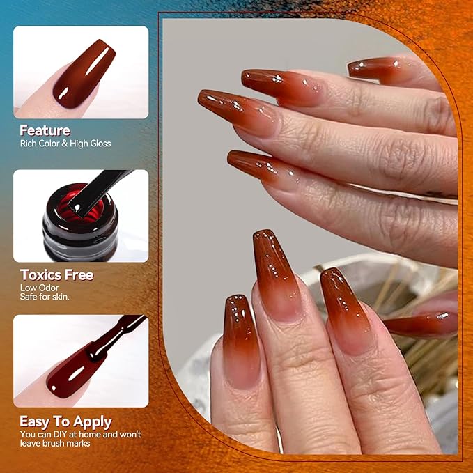 Born Pretty Jelly Gel Nail Polish, Sheer Transparent Crystal Gel Nail Polish, Christmas Brown Red Orange Green Blue Fall Winter Soak off Nail Polish Manicure DIY Home Salon Christmas Gift 7ml 6colors-VivaGrace Women