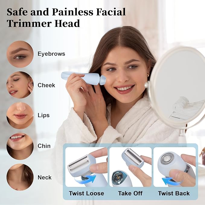 Electric Shaver Razors for Women 2-IN-1 Electric Razor for Womens Legs Underarm Face Pubic Hairs,Wet Dry Use Rechargeable Bikini Trimmer Hair Removal with Detachable Head,Painless IPX7 Waterproof Blue-VivaGrace Women