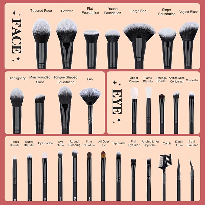 29pcs Black Professional Makeup Brush Set Kabuki Powder Concealers Eye shadows Blush Eyeliner Eyebrow Contour Eye blending Brushes (29pcs brush)-VivaGrace Women