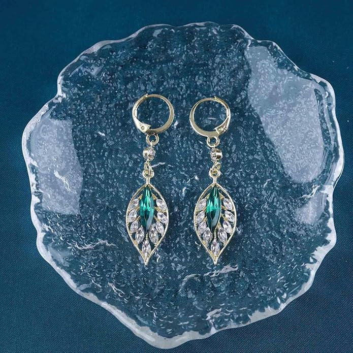 Vintage Emerald Leaf Earrings Rhinestone Leaf Drop Earrings Green Emerald Dangle Earrings Gold Crystal Leaf Hoop Earrings Jewelry for Women-VivaGrace Women