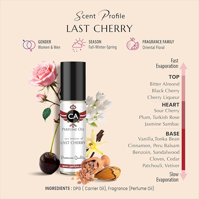 CA Perfume Impression of Last Cherry For Women Fragrance Body Oils Dupes Roll-On 0.3 Fl Oz10 ml, 0.3 Fl Oz-VivaGrace Women