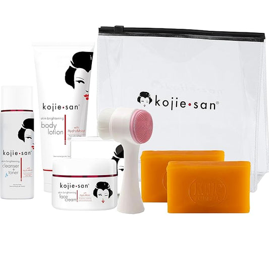 Kojie San Face & Body Shower Set - The Original Kojic Acid Soap that Reduces Visibility of Dark Spots, Hyperpigmentation, and Other types of Skin Damage – 135g x 2 Bars with Lotion, Cream and Toner-VivaGrace Women