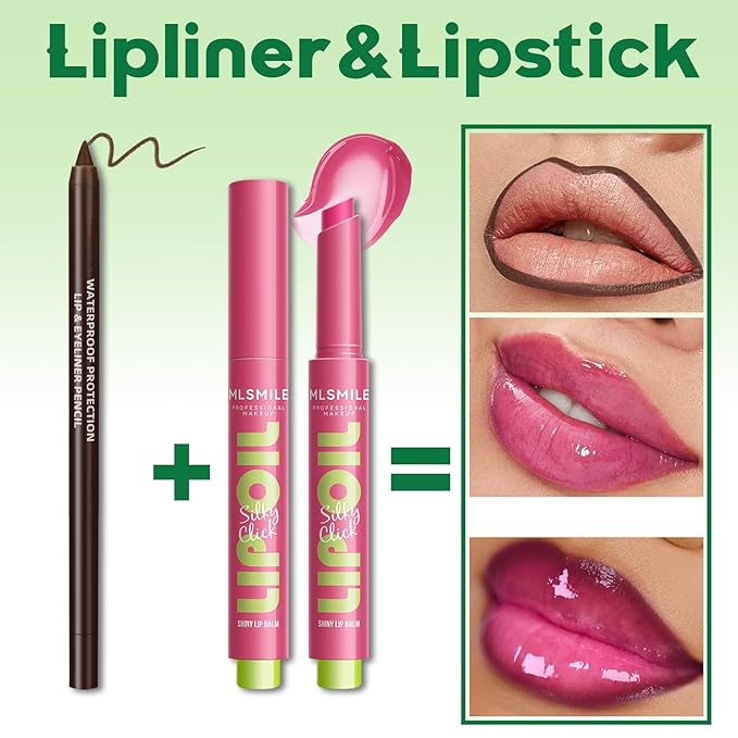2 in 1 Solid Click Lip Gloss Pen With Brown Lip Liner Set Moisturizing Long Lasting Light Pink High Glossy Jelly Tinted Lip Balm Juicy Buildable Lip Plumper Makeup for Women-VivaGrace Women