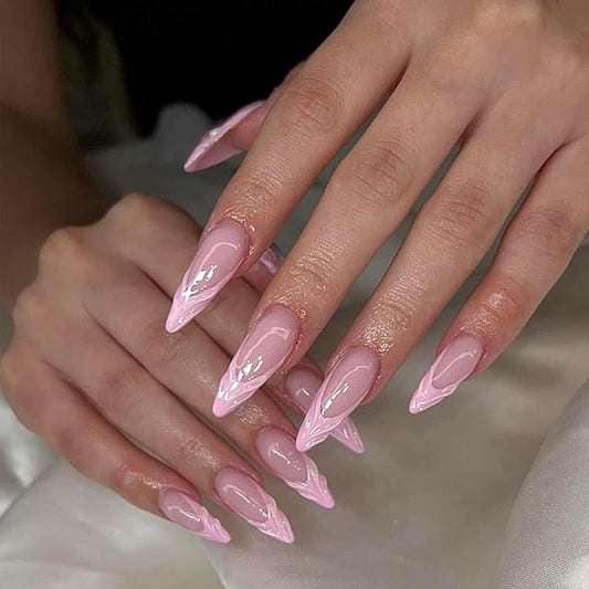 Pink French tips Press on Nails Long Stiletto Fake Nails with Design Water Ripple Glue on Nails Glossy Spring Nails Reusable Summer False Nails for Women Girls Manicure 24pcs