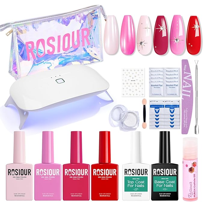 Gel Nail Polish Kit with U V Light, Hema-Free Bright Red Light Baby Pink Violet Pink Summer Gel Polish Set with Base & Top Coat Chrome Nail Powder, 4 Colors Mini Salon Nail Art Starter Gift for Women-VivaGrace Women