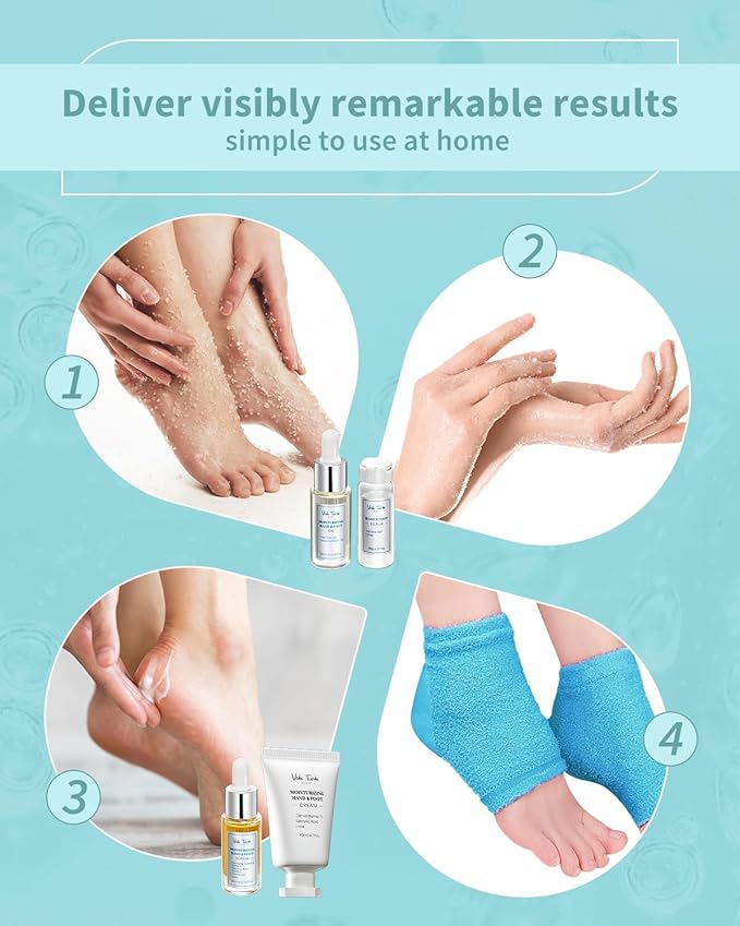 VTS Self Care Kit - Includes Moisturizing Heel Socks, Hand & Foot Oil, Salt Scrubs, Serum, Urea Cream 40 Percent - Hand Care Set, Foot Pedicure Kit for Dry Cracked Heels Feet Knees Elbows Hands-VivaGrace Women