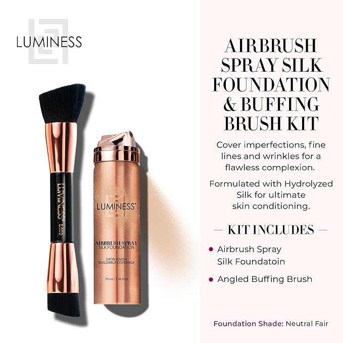LUMINESS Silk Airbrush Spray Foundation & Buffing Brush Kit – Full Coverage Foundation & Dual-Sided Buffing Brush - Buildable Coverage, Anti-Aging Formula Hydrates & Moisturizes - Neutral Fair-VivaGrace Women
