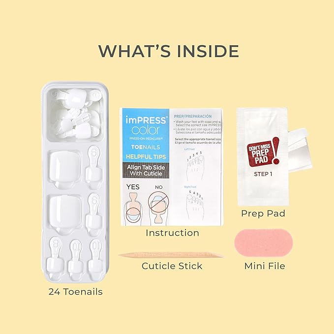 KISS imPRESS No Glue Pedi Press-On Nails, Toenails, 'Fruitful', Light Blue, Short Size, Squoval Shape, Includes 24 Nails, Prep Pad, Instructions Sheet, 1 Manicure Stick, 1 Mini File