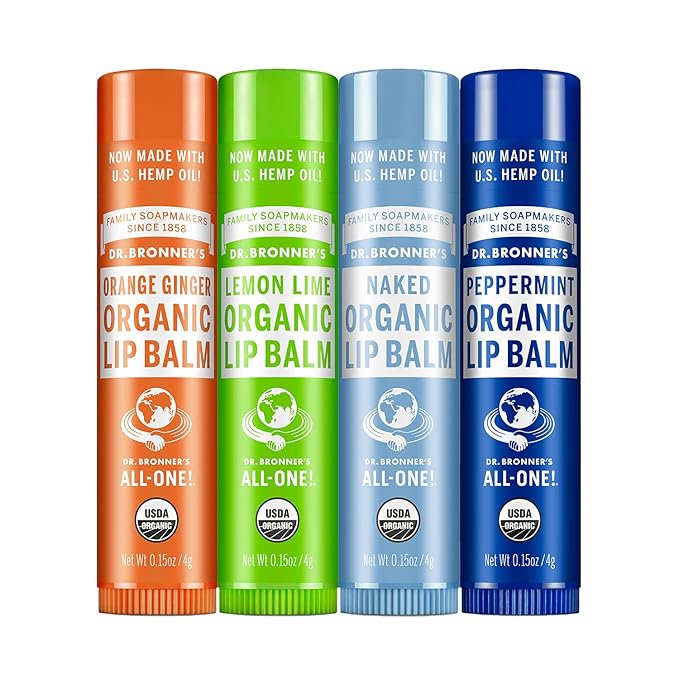 Dr. Bronner's - Organic Lip Balm Variety Peppermint, Orange Ginger, Naked, Lemon Lime) - Made with Organic Beeswax and Avocado Oil, For Dry Lips, Hands, Chin or Cheeks, 0.15 Ounce (Pack of 4)-VivaGrace Women