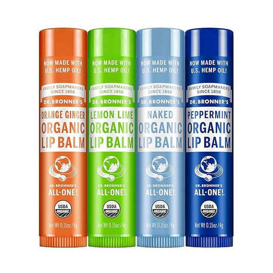 Dr. Bronner's - Organic Lip Balm Variety Peppermint, Orange Ginger, Naked, Lemon Lime) - Made with Organic Beeswax and Avocado Oil, For Dry Lips, Hands, Chin or Cheeks, 0.15 Ounce (Pack of 4)-VivaGrace Women