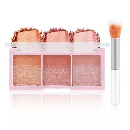3 Colors Blush Palette，Blush Powder for Cheeks Makeup，Glitter Blusher with Brush，Long Wear，Highly Pigmented-VivaGrace Women