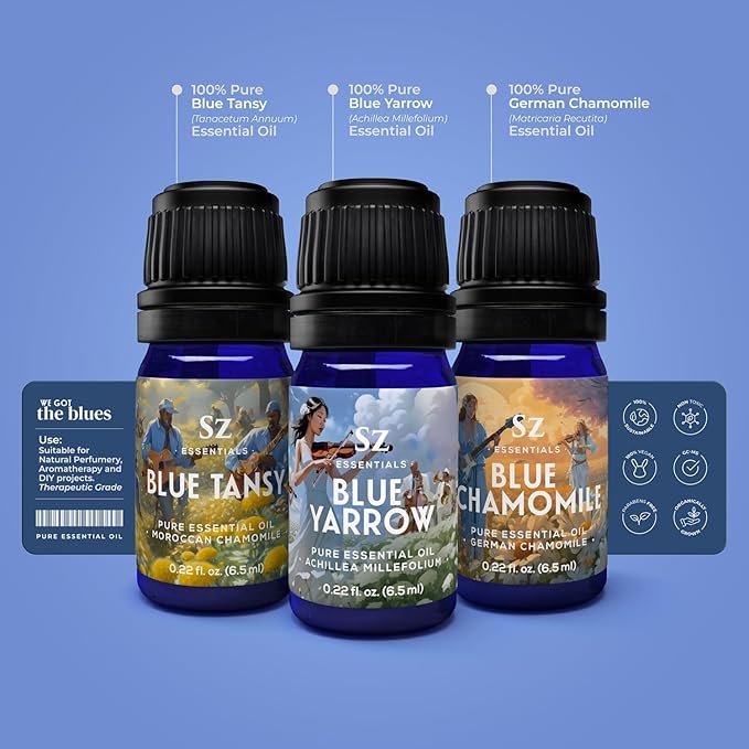 – “We Got The Blues” Essential Oils Set – Blue Tansy, Yarrow & German Chamomile – 3 x 6.5ml Bottles – 100% Pure, Natural, Undiluted – Therapeutic Grade & Vegan-VivaGrace Women