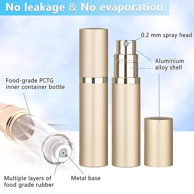 Refillable Perfume Atomizer Travel Bottle 5ml Leakproof Luxury Travel Perfume Refillable Bottle, Portable Fragrance Atomiser (Gold)-VivaGrace Women