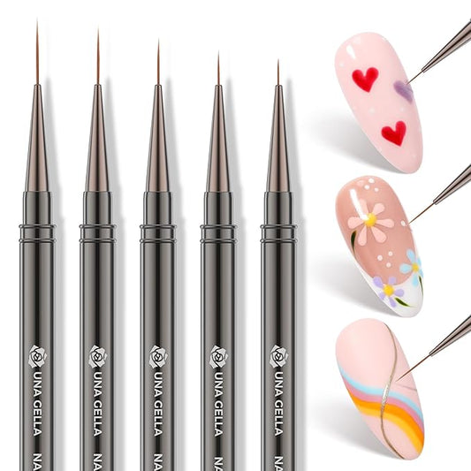 UNA GELLA Nail Art Brushes Metallic, Liner Pens 5Pcs Set For Nail Art Gel Polish, Gray Color, Detail Nail Art Design Painting Brush Set For Nails Gel Fine Drawing Nail Tools, 6/9/11/15/18mm Sizes-VivaGrace Women