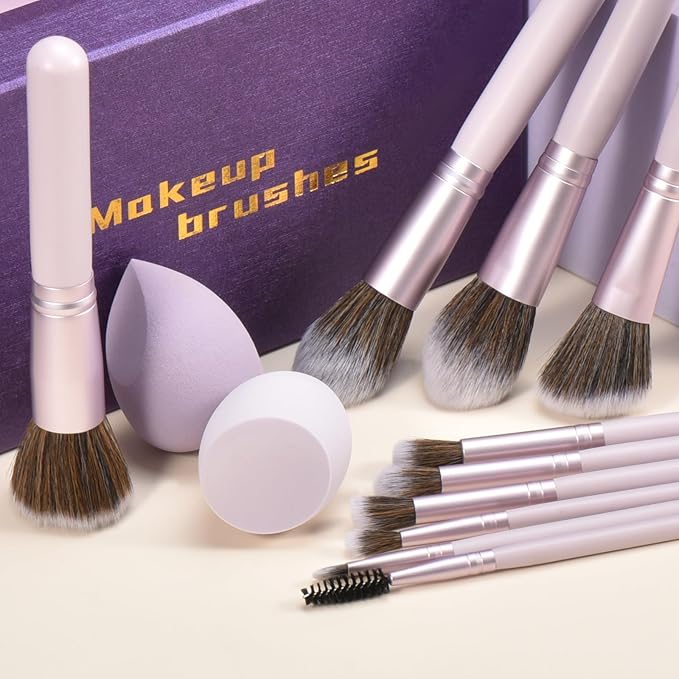 Gift Ready 10 Piece Purple Makeup Brushes Set and 2 Piece Makeup Sponge – Wooden Handle with Soft Synthetic Bristles, Concealer, Powder – (Ideal for Christmas, Birthday, Women)-VivaGrace Women