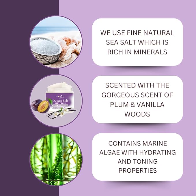 Sea Salt Body Scrub by Florida Suncare - Ocean Salt Body Polish Infused with Marine Algae - Exfoliating Face and Body Scrub, Facial Scrub Exfoliator to Tackle Acne, Scars (Plum & Vanilla Woods 12.1oz)-VivaGrace Women